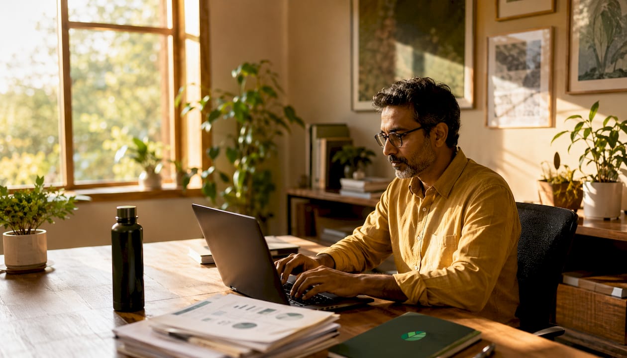 Professional working on sustainable finance data