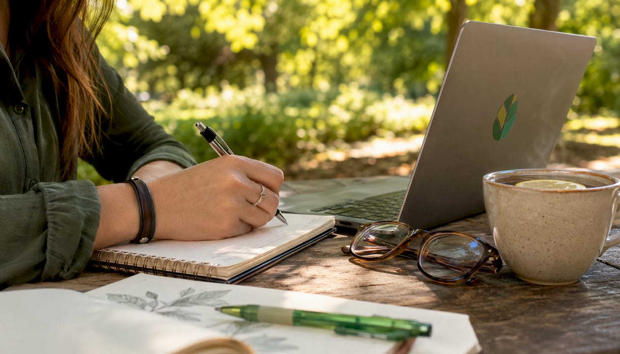 Hands writing notes at coffee shop table