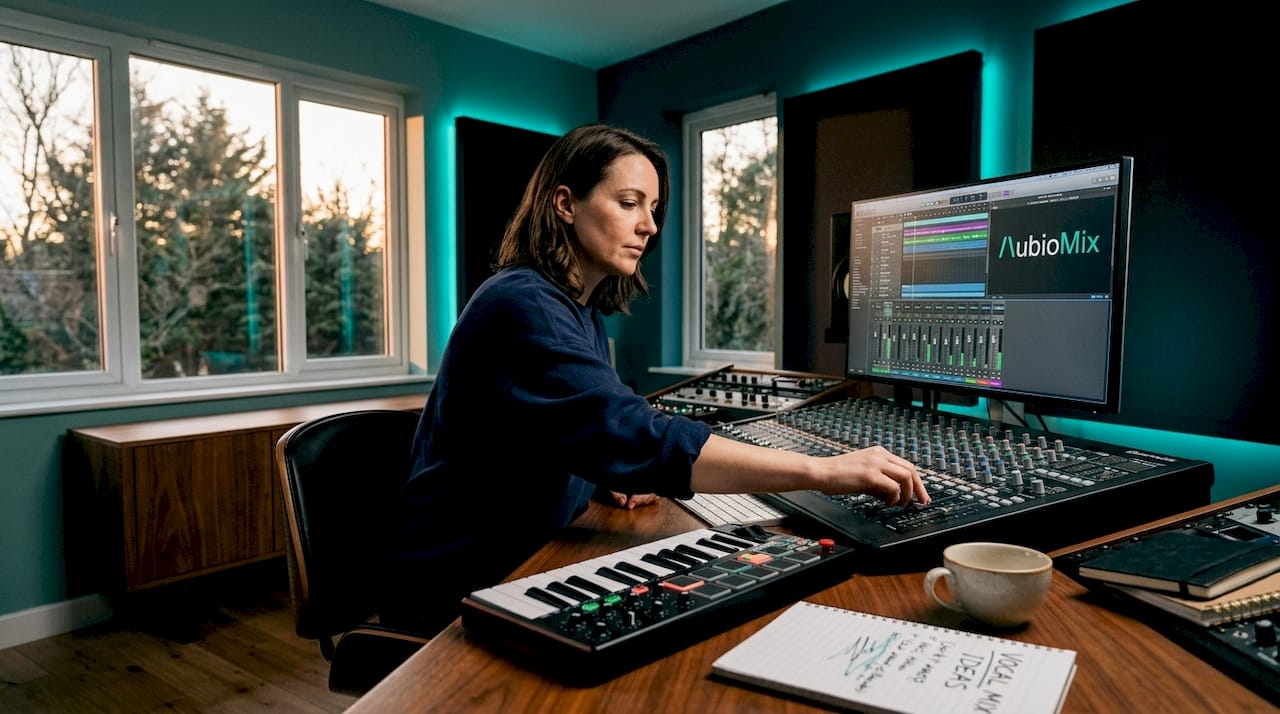 Producer checking track levels for gain staging