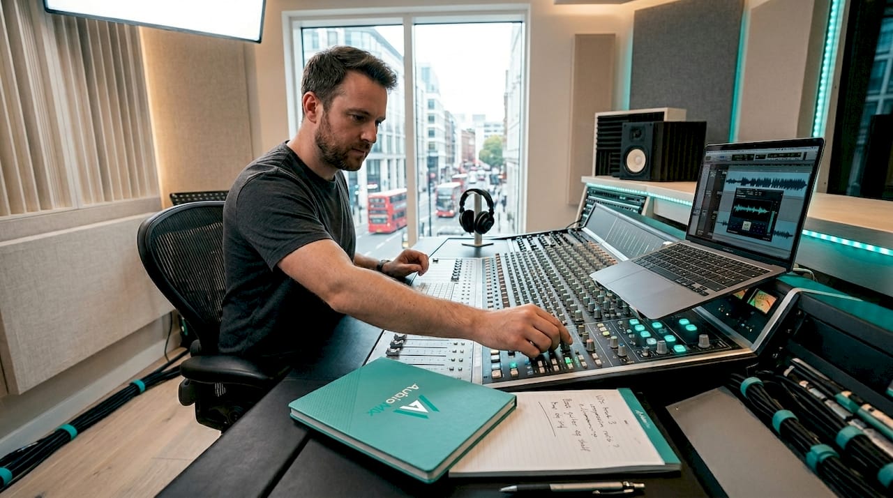 Audio engineer adjusting gain staging on mixing console