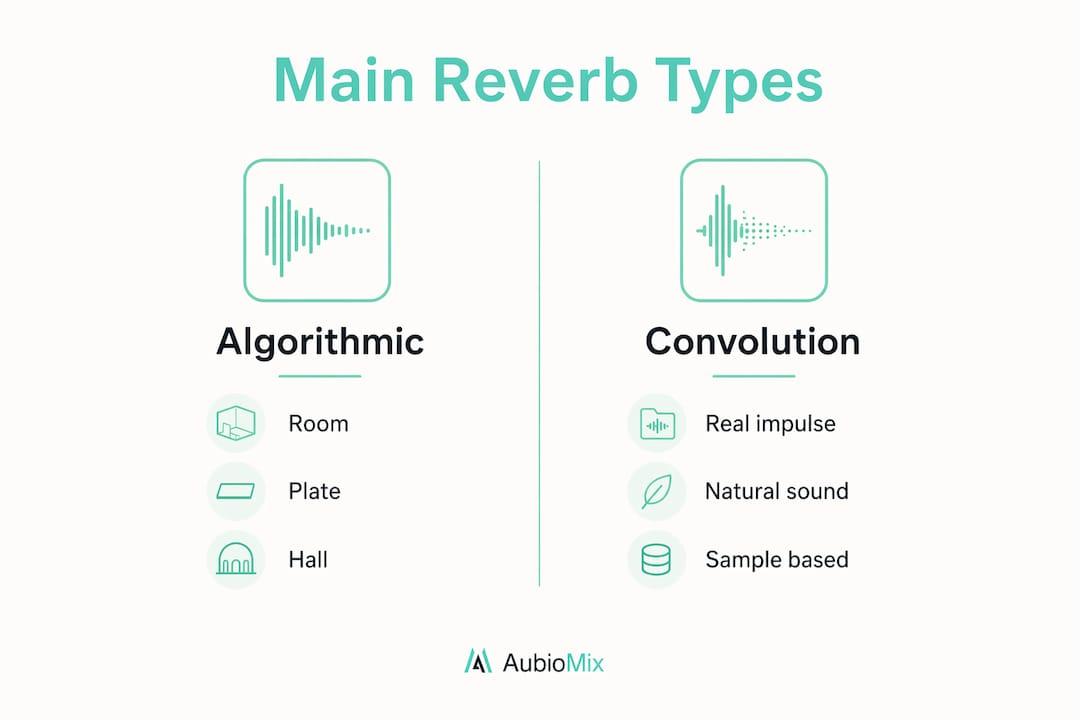 Infographic comparing algorithmic and convolution reverb types