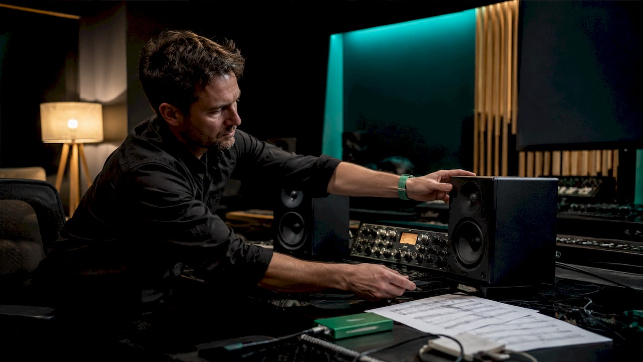 Hands adjusting studio monitors for comb filtering
