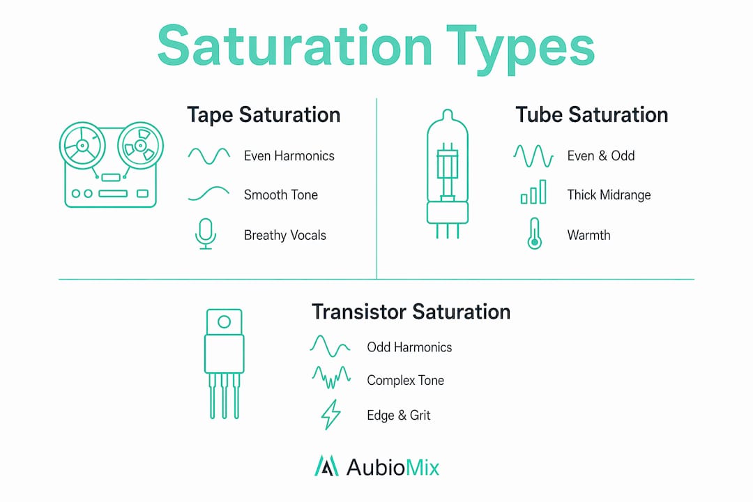 Infographic comparing tape, tube, and transistor saturation types