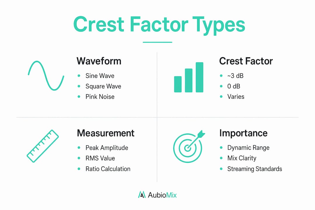 Infographic comparing waveform types and crest factor values