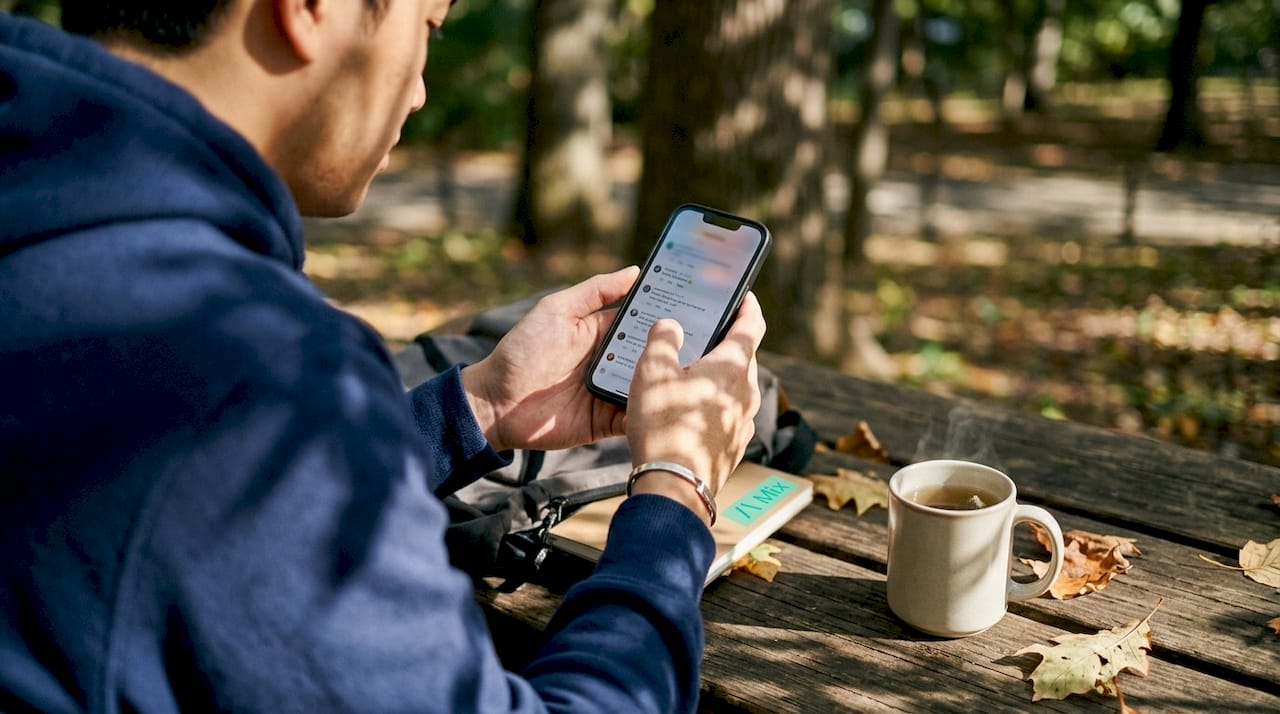 Hands holding smartphone with audio feedback comments