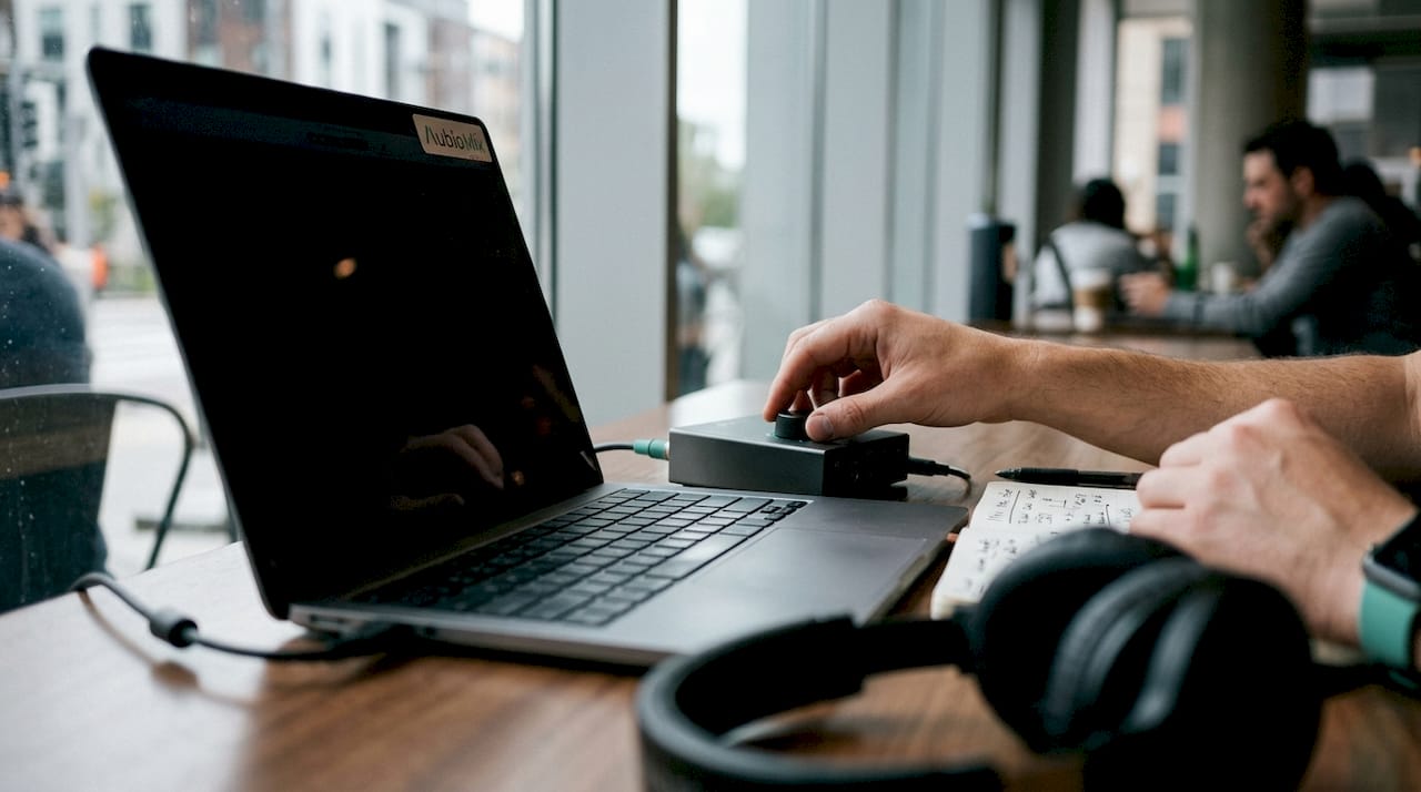 Hands adjusting audio interface knob by laptop