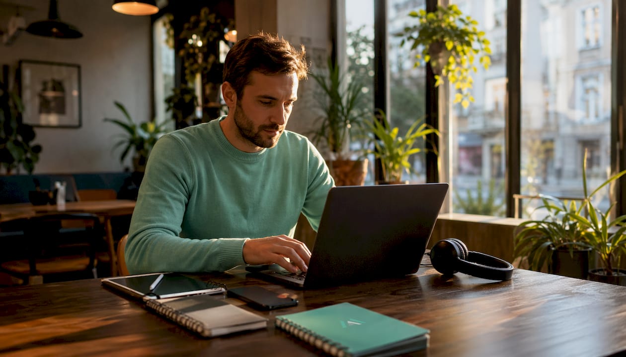Man comparing music mix feedback tools on laptop