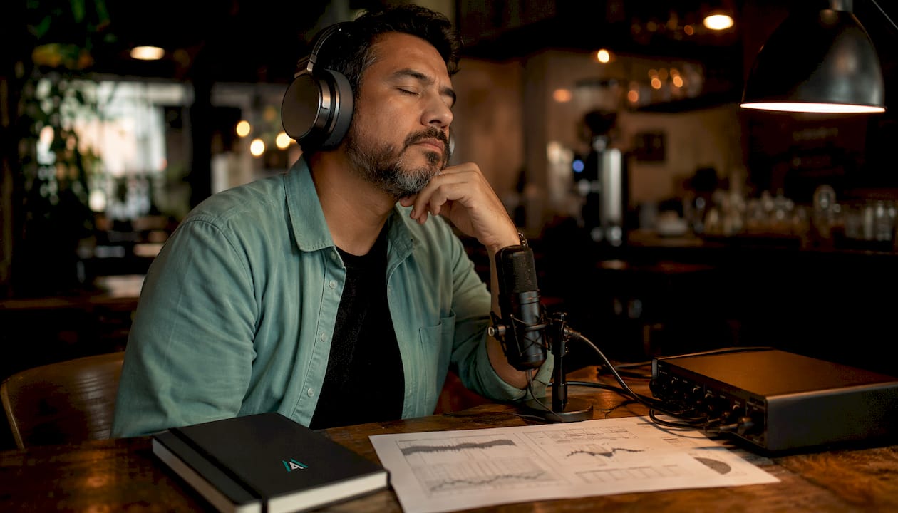 Man concentrating on sound through headphones