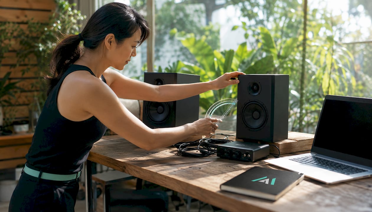 Woman adjusting nearfield monitor placement