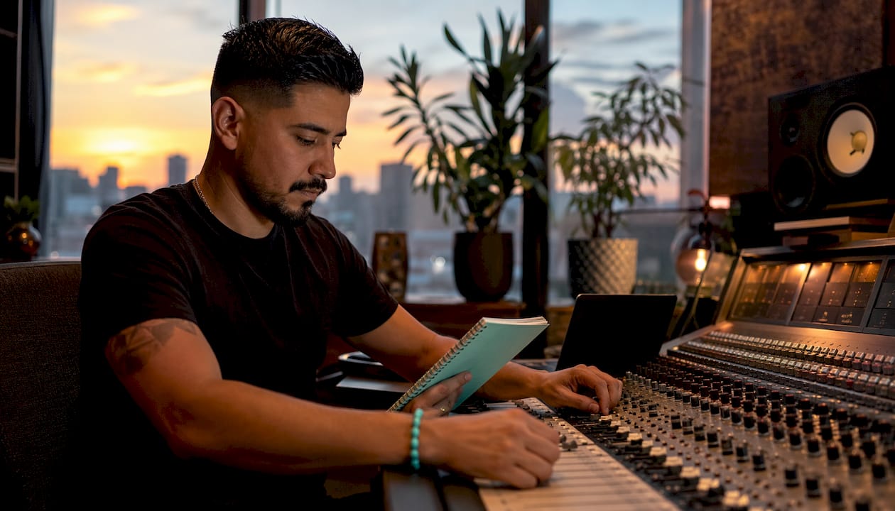 Hands using mixing console and taking notes