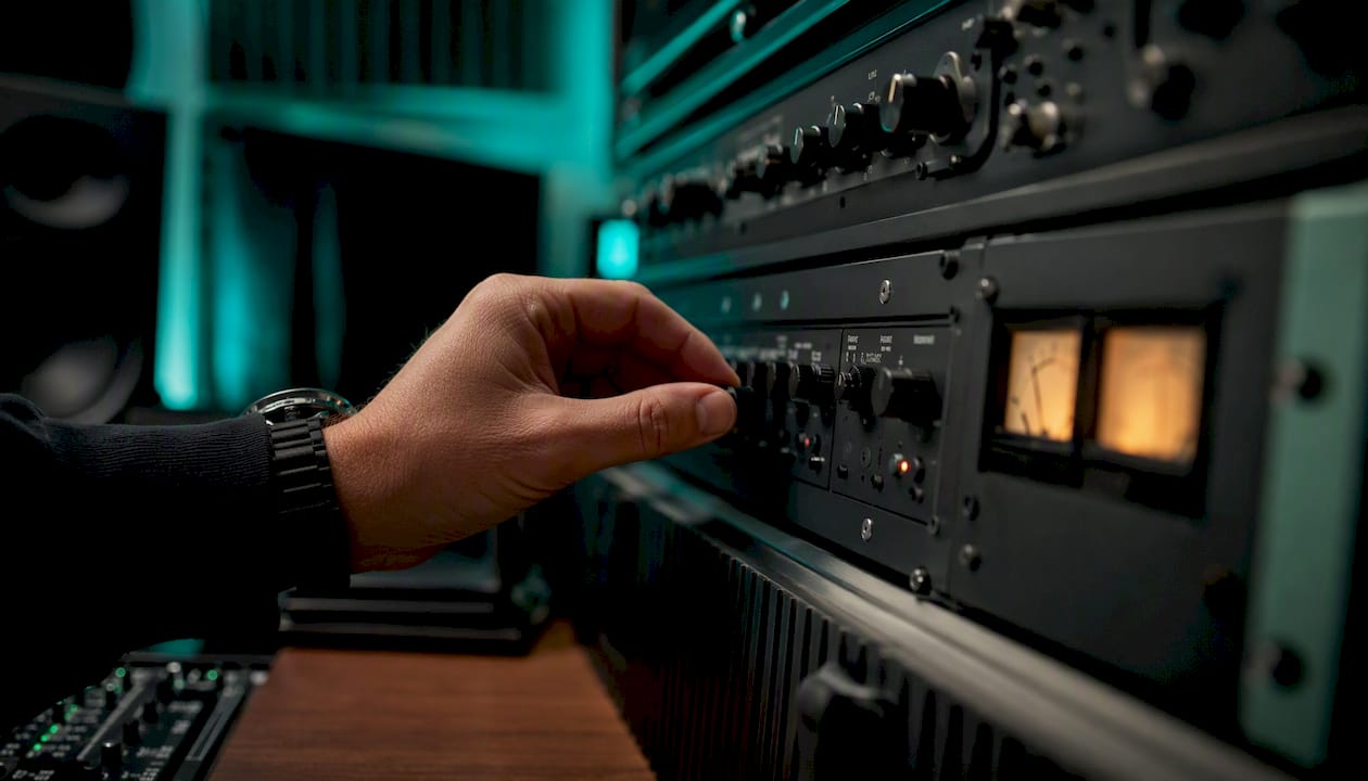 Hand adjusting dither hardware knob in studio