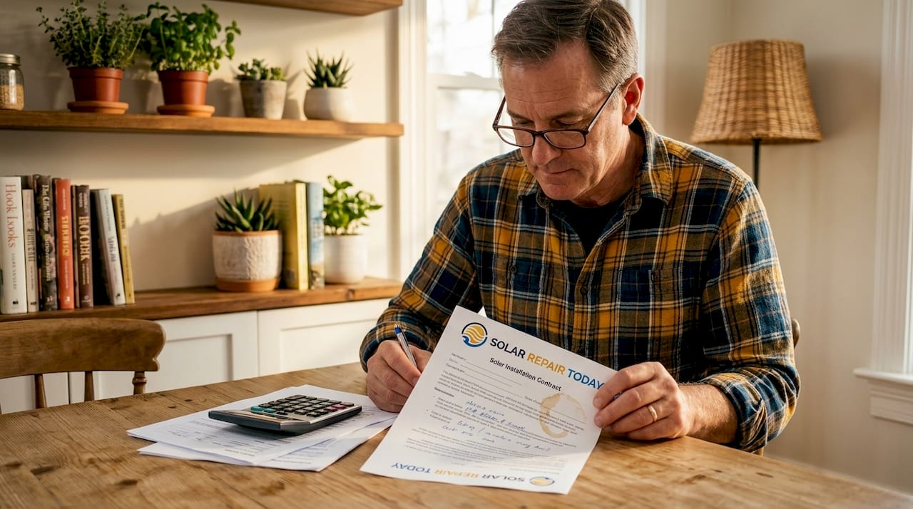 Homeowner reviewing solar contract at dining table