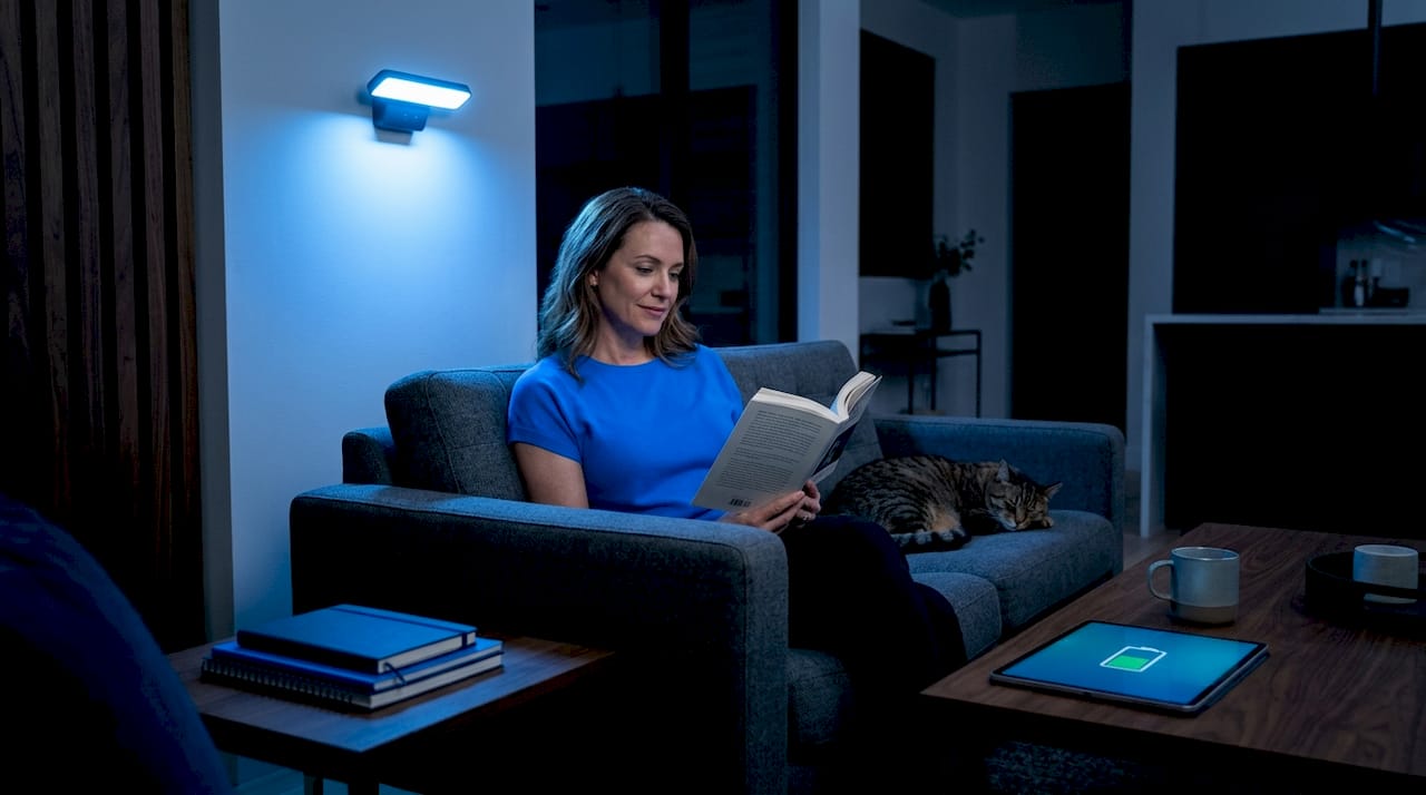 Woman reading by emergency backup lights during outage