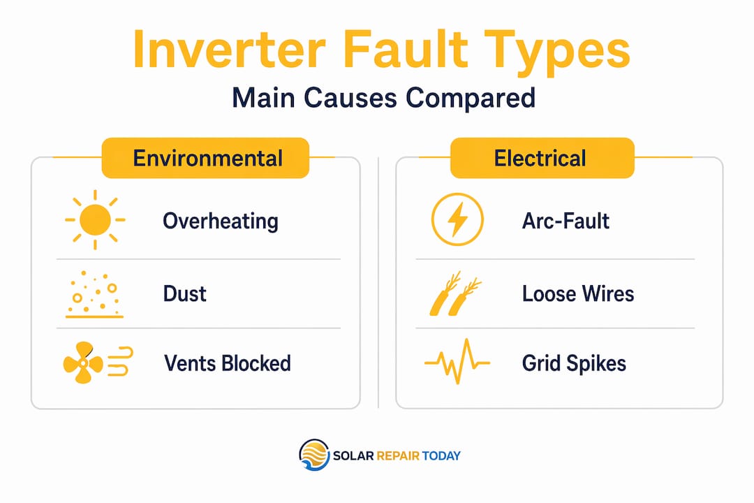 Infographic comparing inverter fault types environmental vs electrical