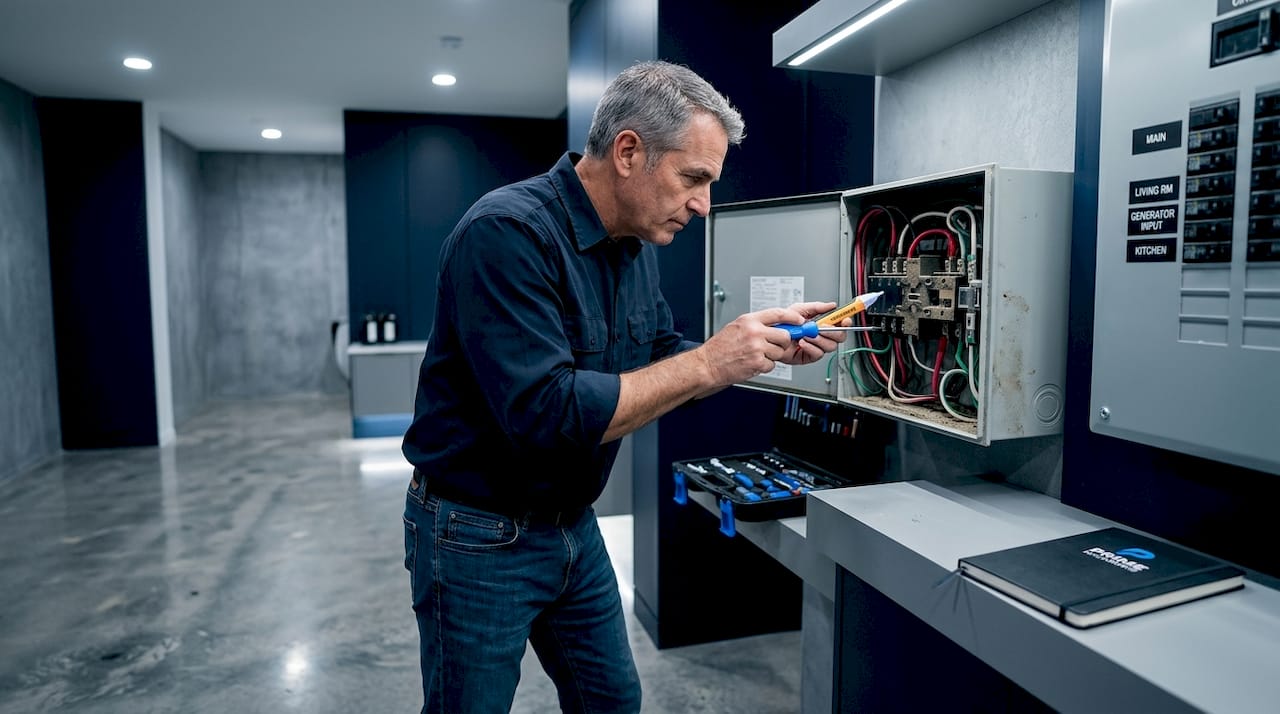 Electrician inspecting automatic transfer switch