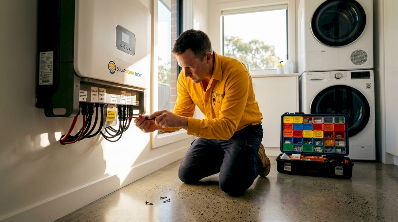 Technician installs hybrid inverter in utility room
