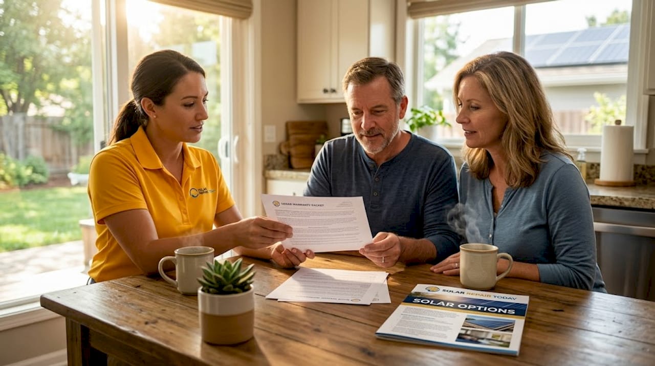 Solar installer reviews warranty packet with homeowners