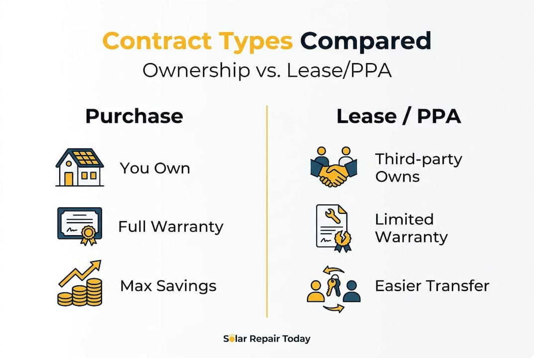 Infographic comparing solar purchase to lease or PPA contracts