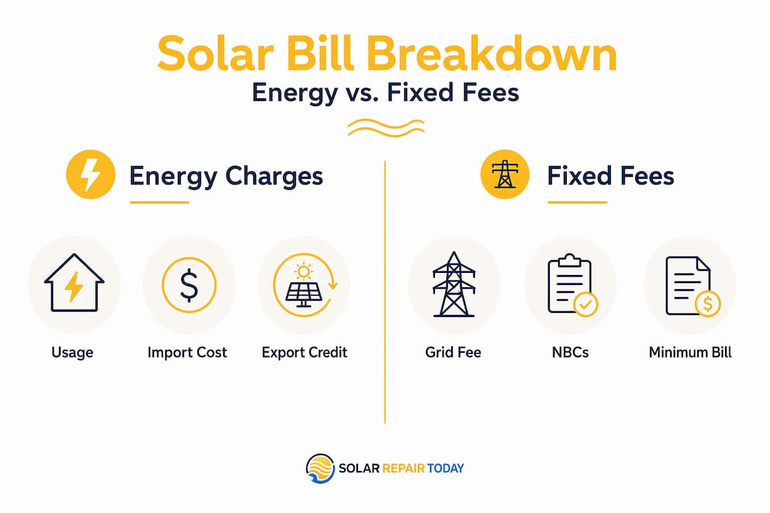 Infographic comparing solar energy charges and fixed fees