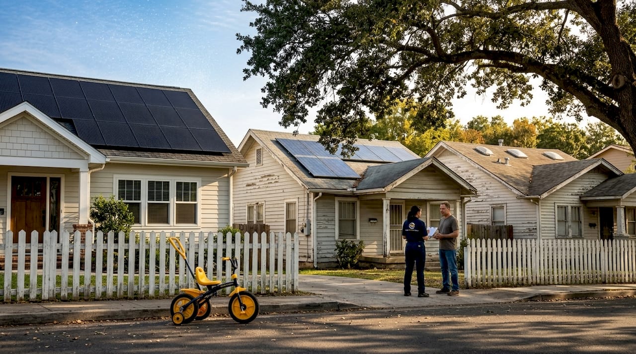 Different home rooftops with varied solar panels