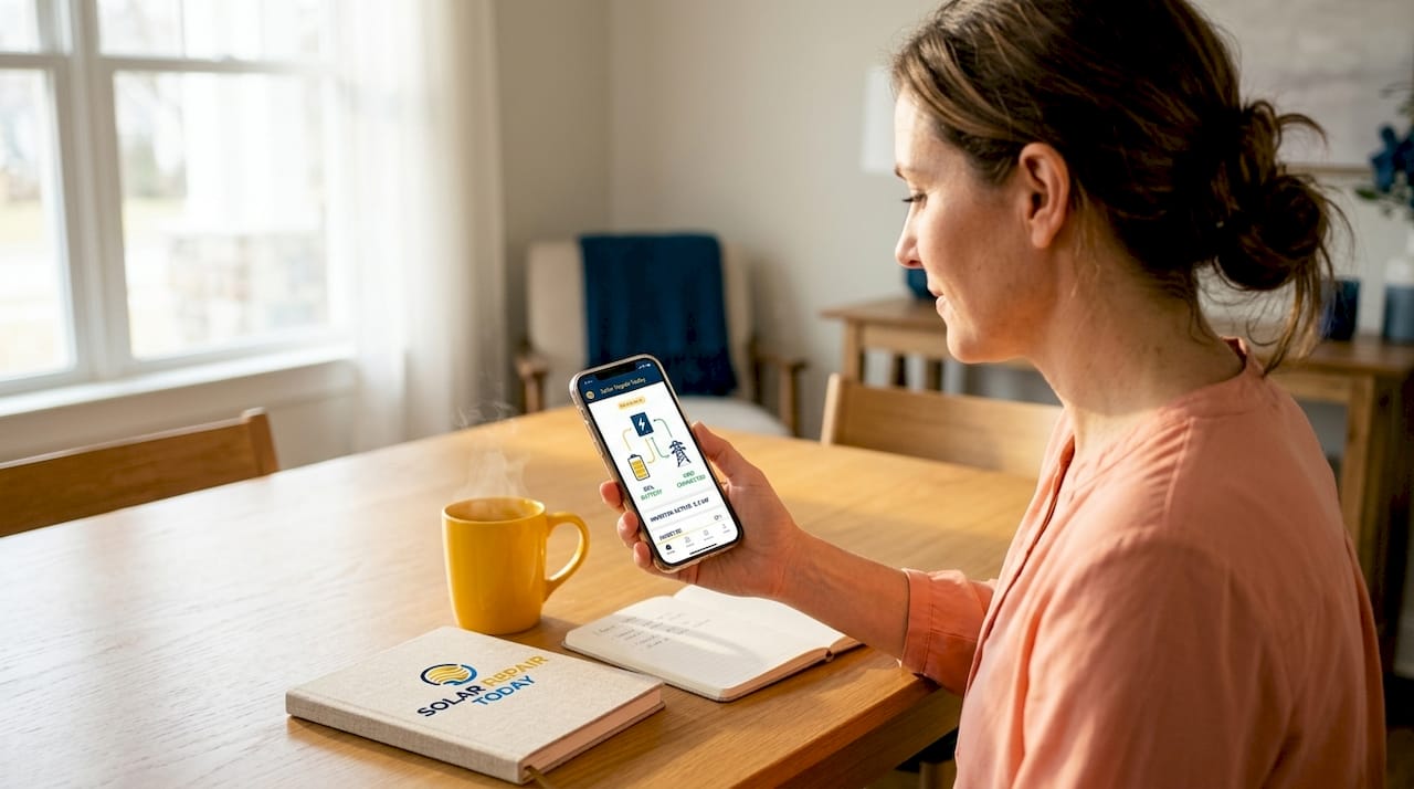 Homeowner checking solar energy flow on phone