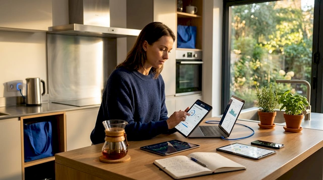 Woman manages home energy devices in kitchen