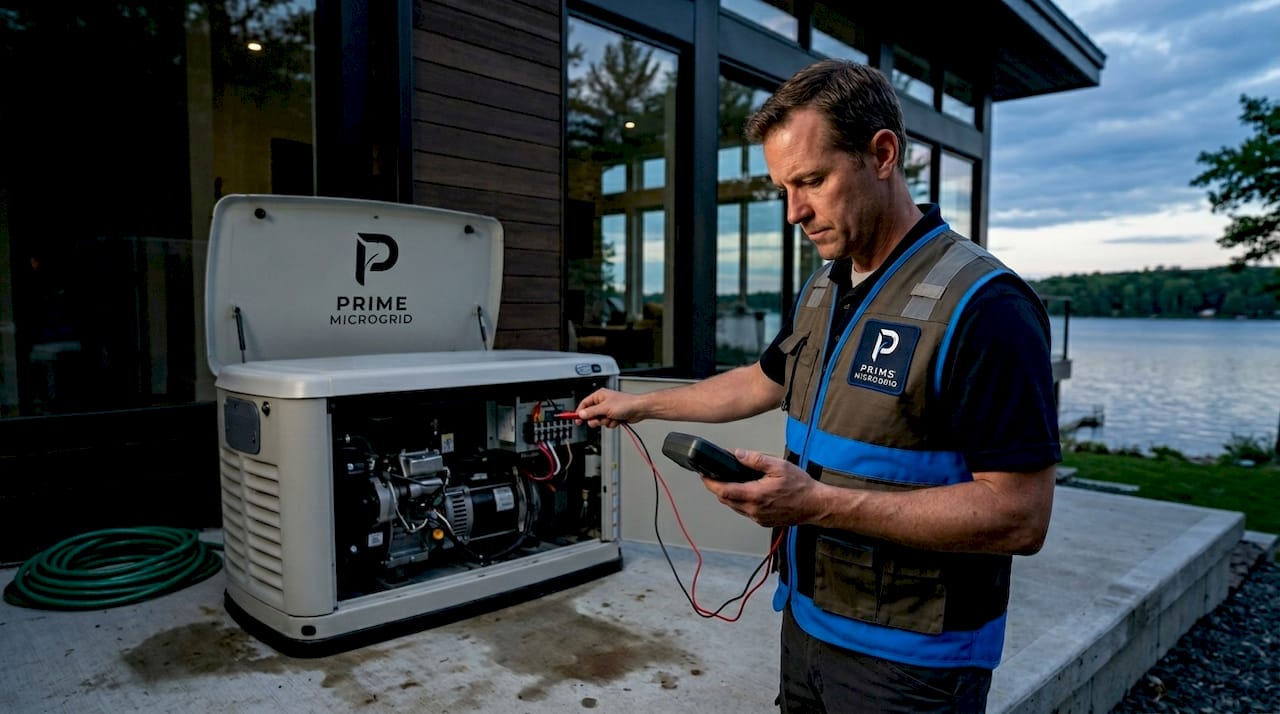Technician performing generator load test outdoors