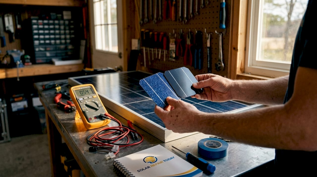 Technician comparing solar panel components