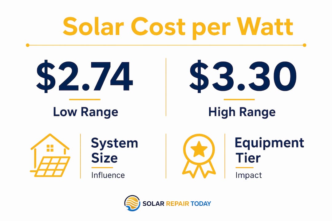 Infographic showing solar cost per watt benchmark ranges and factors