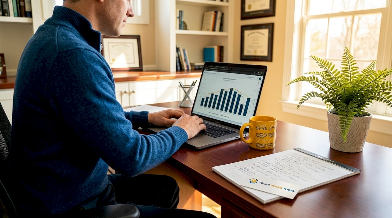 Person reviewing solar output data on laptop