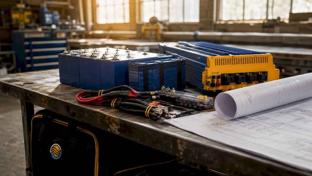 Close-up of solar battery backup components on bench