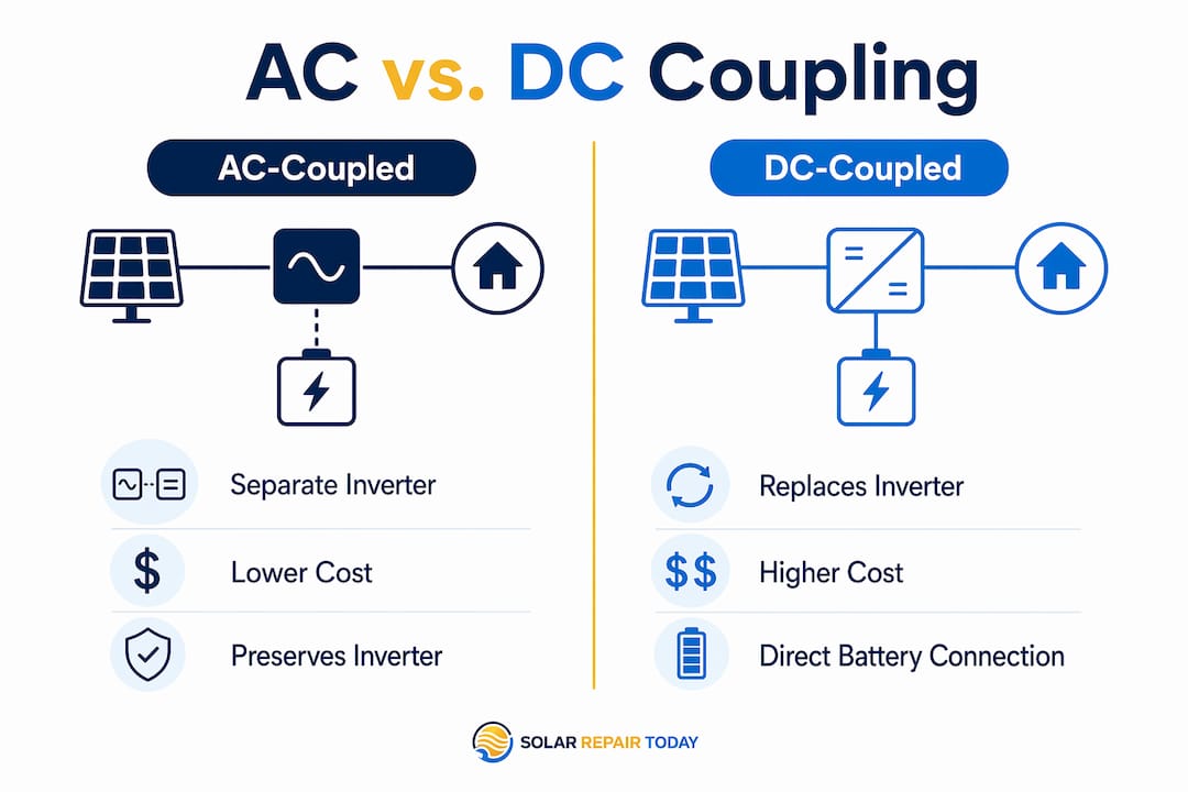 Side-by-side infographic comparing AC and DC coupled battery retrofits