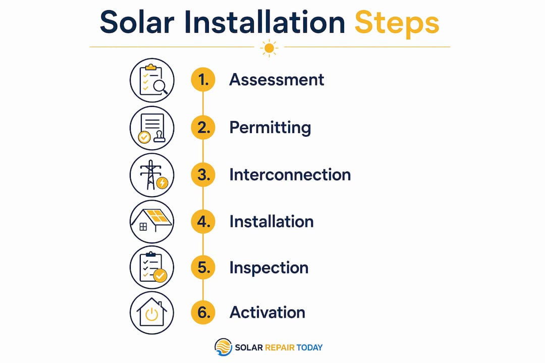 Infographic showing six steps of solar installation process