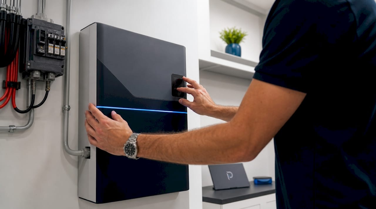 Homeowner adjusting battery storage system panel indoors