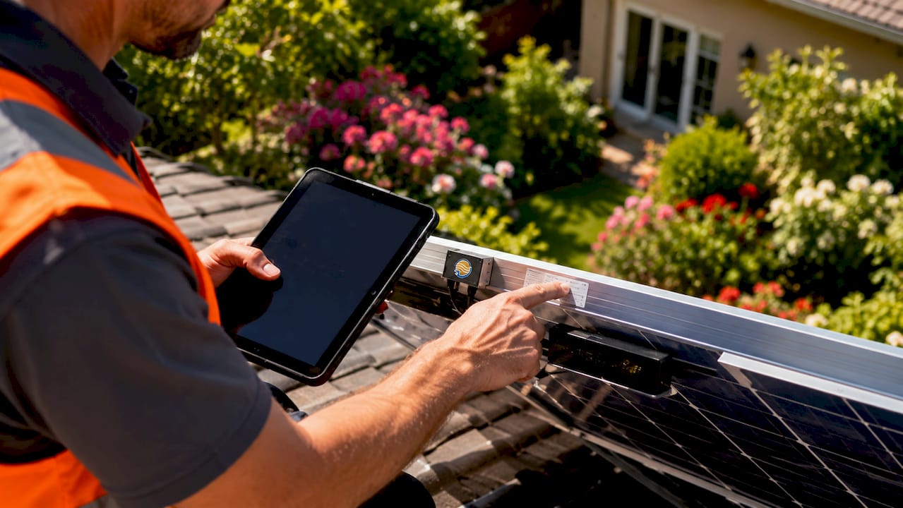 Technician inspecting solar panel equipment labels outdoors