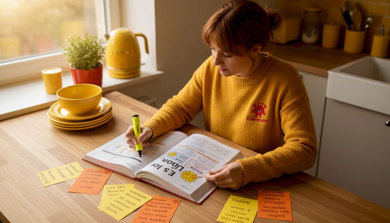 Woman studies Spanish noun gender at home desk