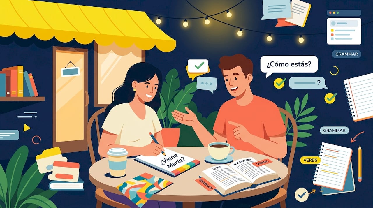 Two people practicing Spanish questions in café