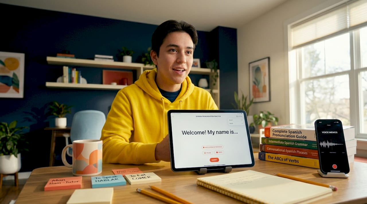 Learner practicing Spanish in home office