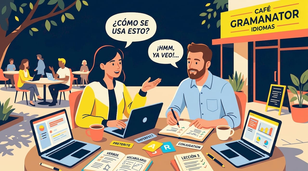 Two people discussing Spanish grammar at café table