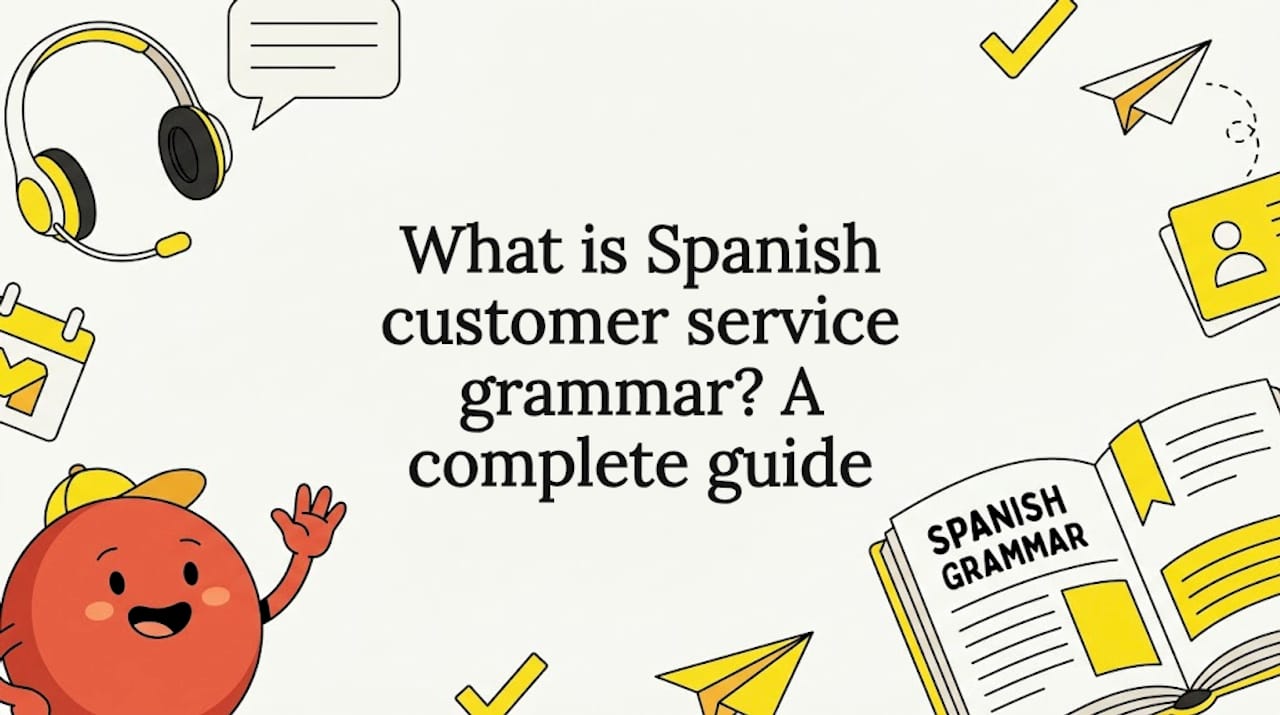 Spanish grammar and customer service flat illustration framing title
