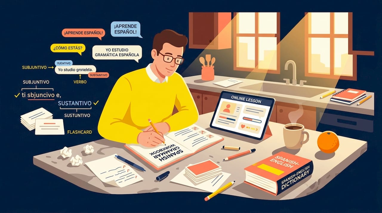 Adult learning Spanish with notes at kitchen table