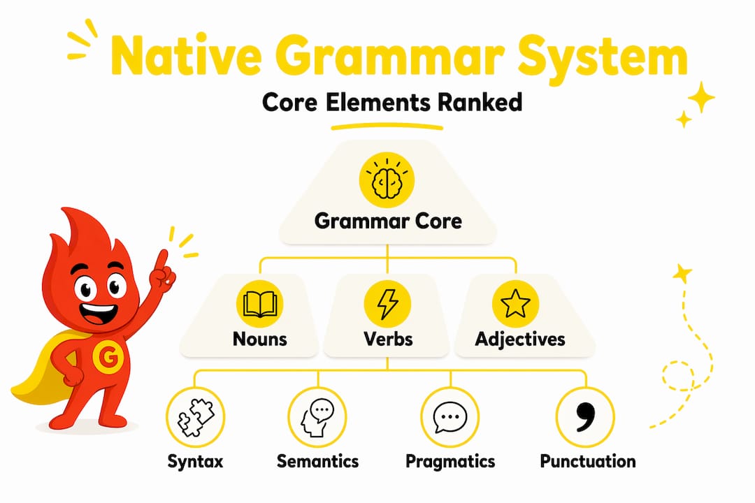 Hierarchy infographic showing core Spanish grammar elements