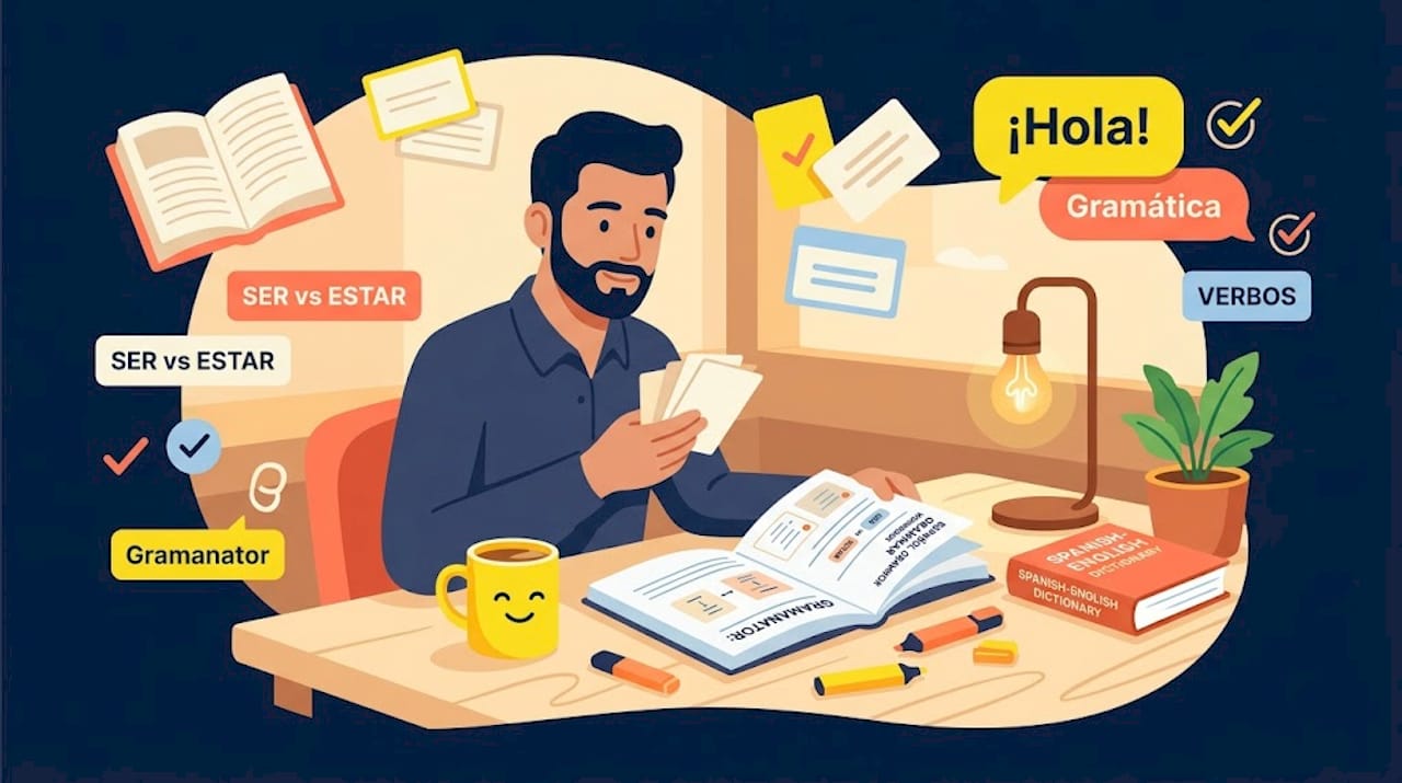 Professional reviews Spanish vocabulary at desk