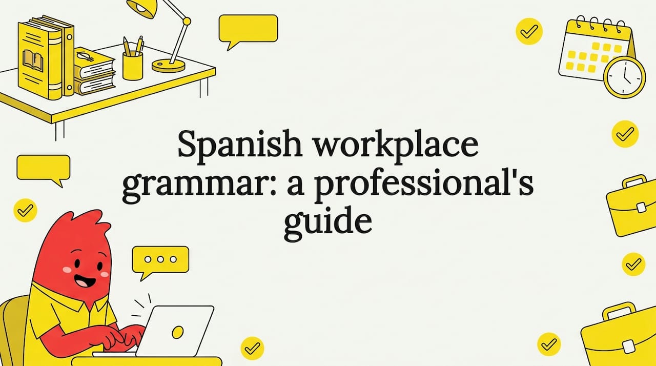 Illustrated Spanish workplace grammar blog title card