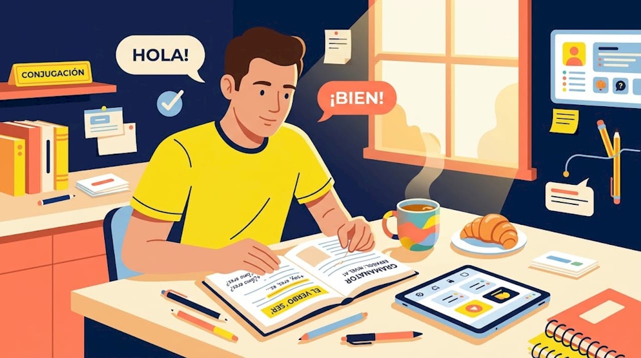 Man studying Spanish grammar at kitchen table