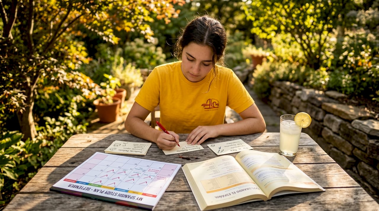 Student reviews Spanish grammar flashcards