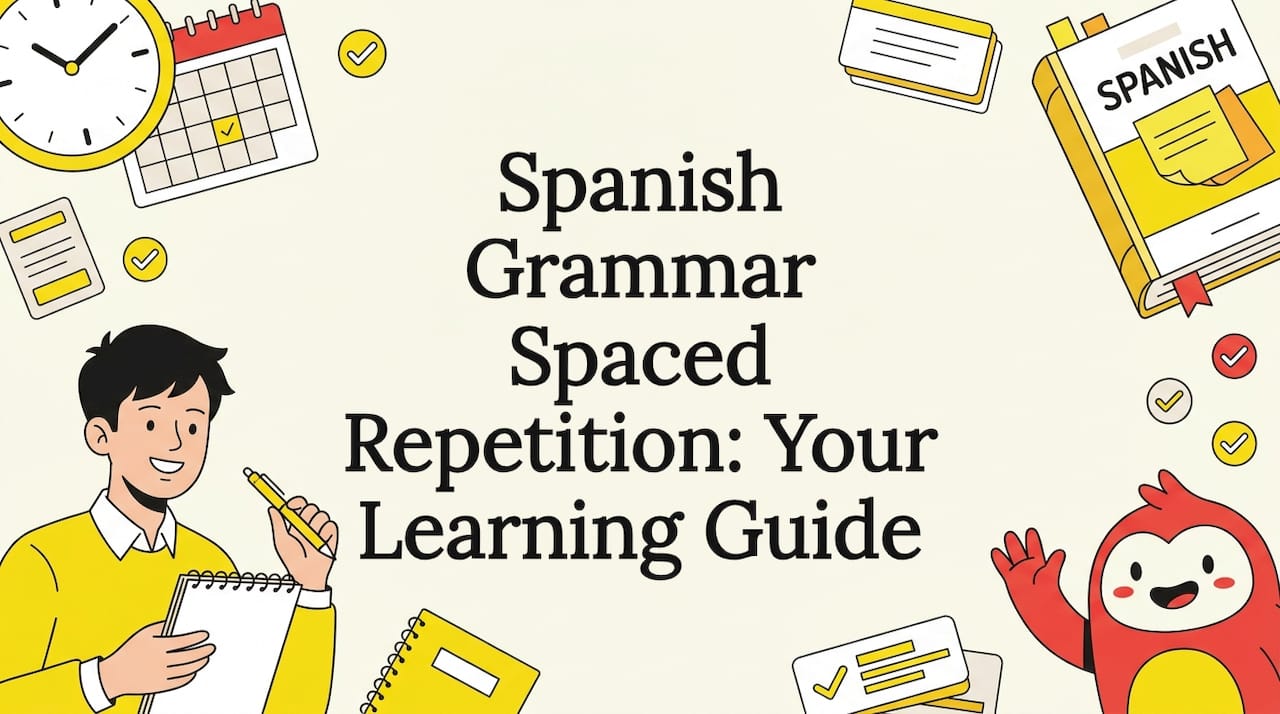 Flat vector title card with Spanish learning props