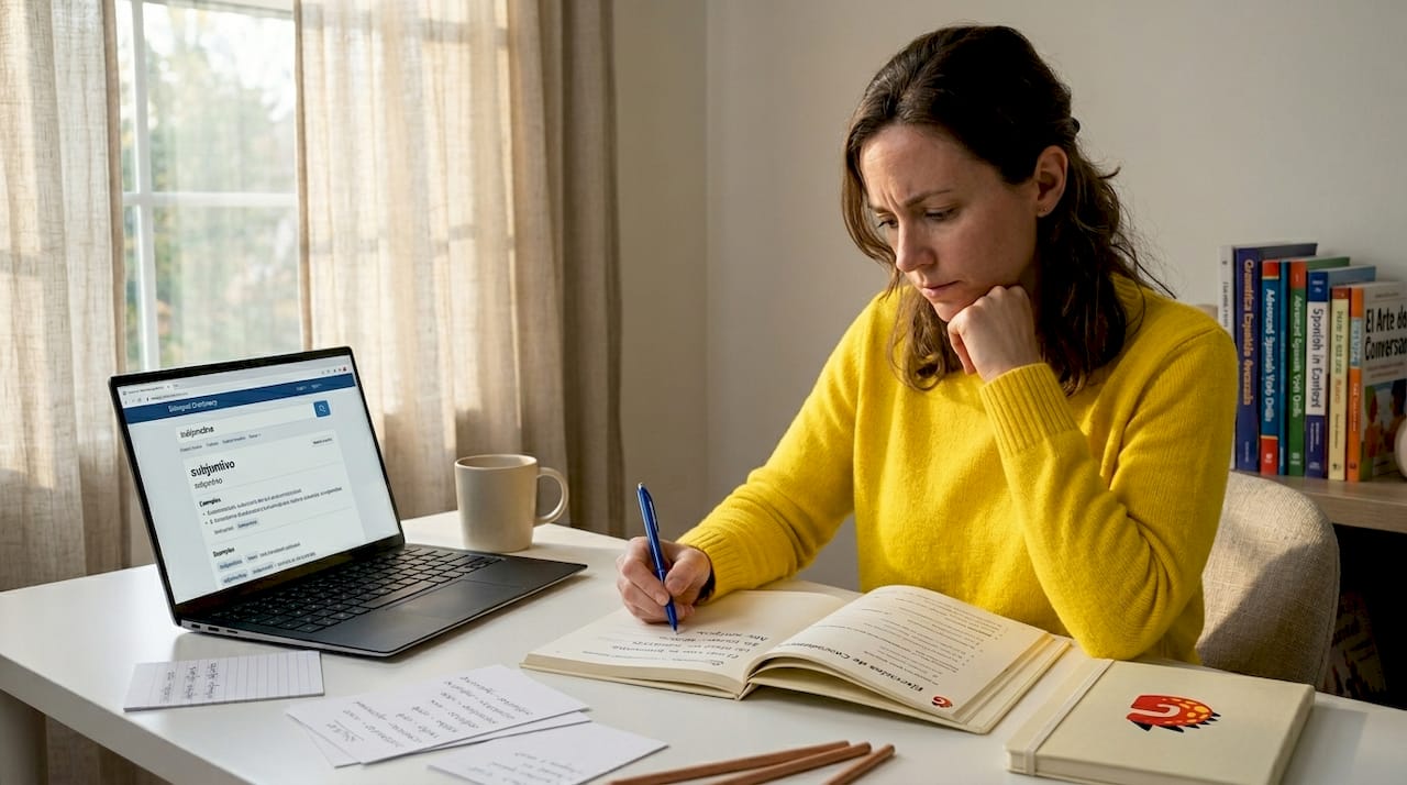 Woman practicing Spanish at kitchen table