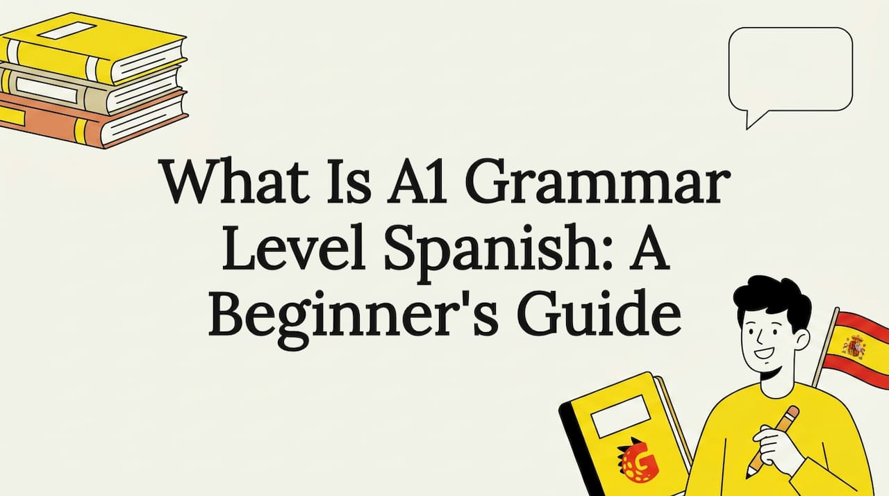 Decorative flat vector title card with Spanish textbooks, learner figure, speech bubble