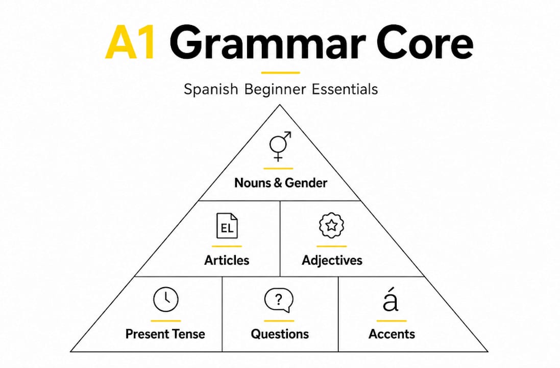 Infographic pyramid of core A1 Spanish grammar topics